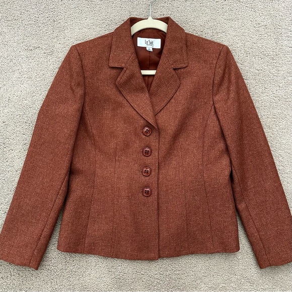 Le Suit Petite Rust Orange Wool / Tweed Look Two Piece Blazer and Skirt Set - Picture 3 of 16